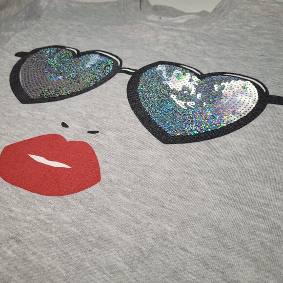 Cropped Sweatshirt Gray Sequin Heart Glasses Lips Sparkle Y2K Athleisure - Picture 7 of 10
